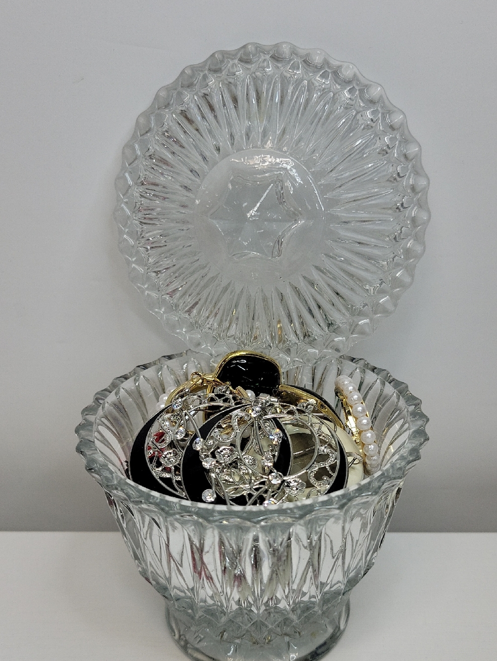 Clear Cut Glass Trinket Jar with Lid Filled With Earrings
